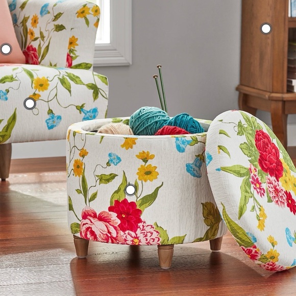 The Pioneer Woman Floral Round Storage Ottoman in Cream Red Yellow Blue